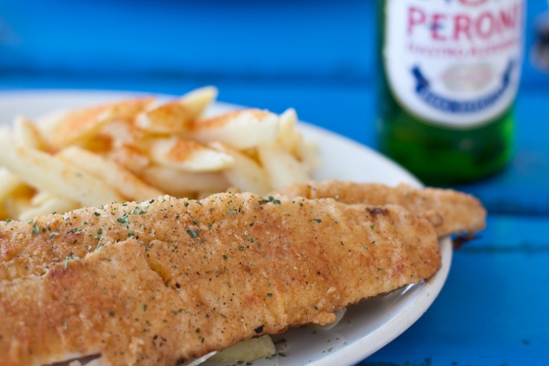 Fish & chips with Peroni beer