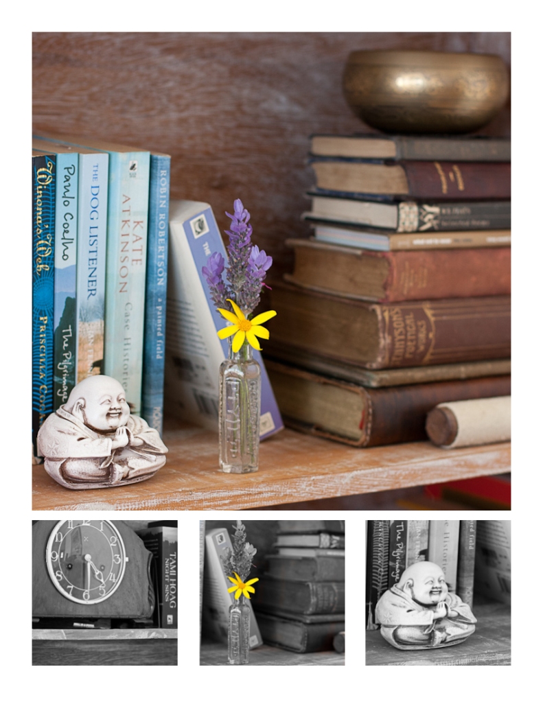 Bookshelf, flowers, buddha, books, clock, Tibetan Bowl