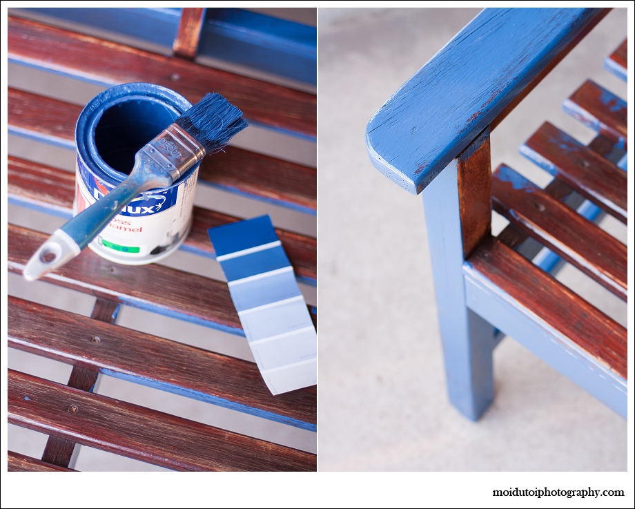 paintbrush &  tin of blue paint, painting, refurbishing old furniture