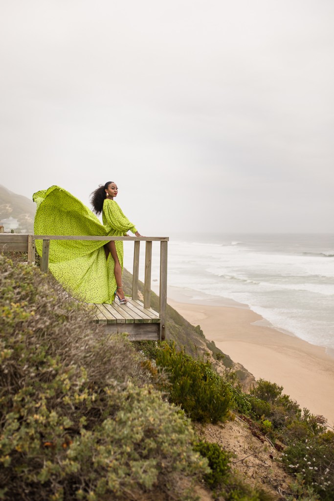 fashion model posing on myoli beach sedgefield during a sunset photoshoot by photographer moira du toit