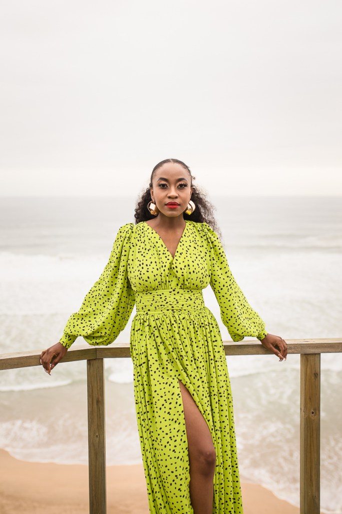 fashion model posing on myoli beach sedgefield during a sunset photoshoot by photographer moira du toit